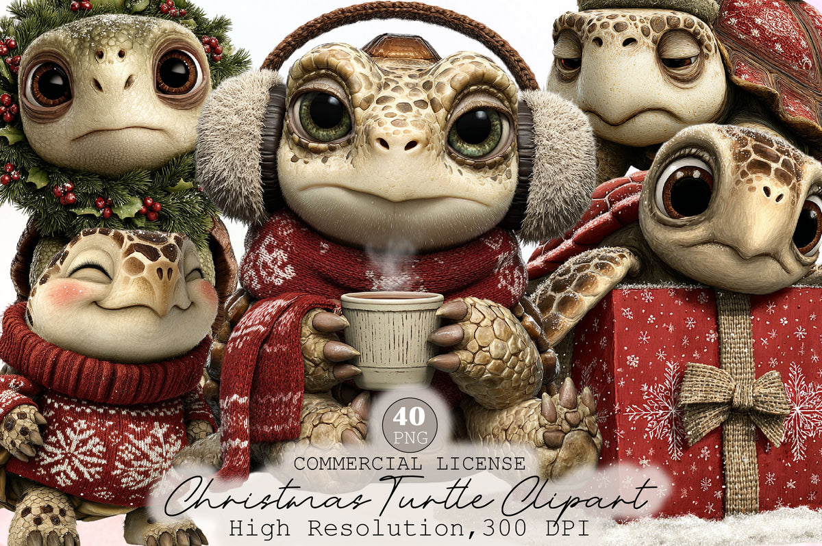 Whimsical Christmas Turtle Clipart PNG Bundle