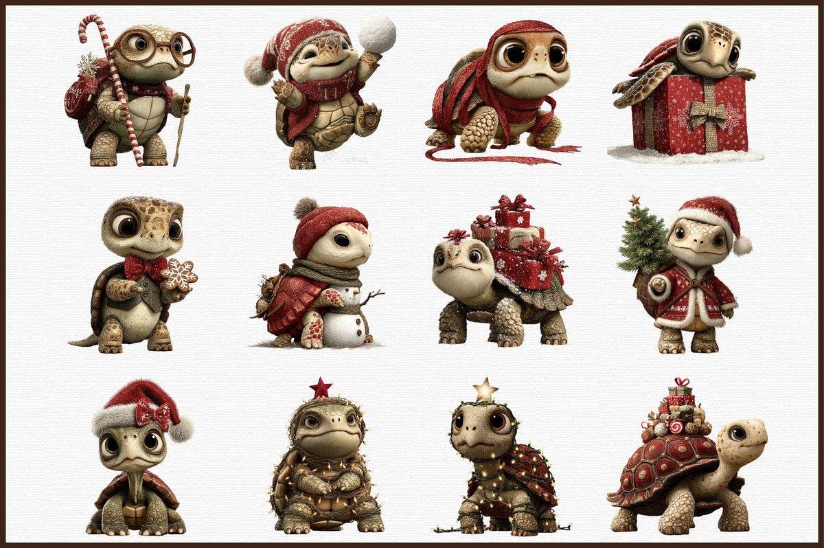 Whimsical Christmas Turtle Clipart PNG Bundle