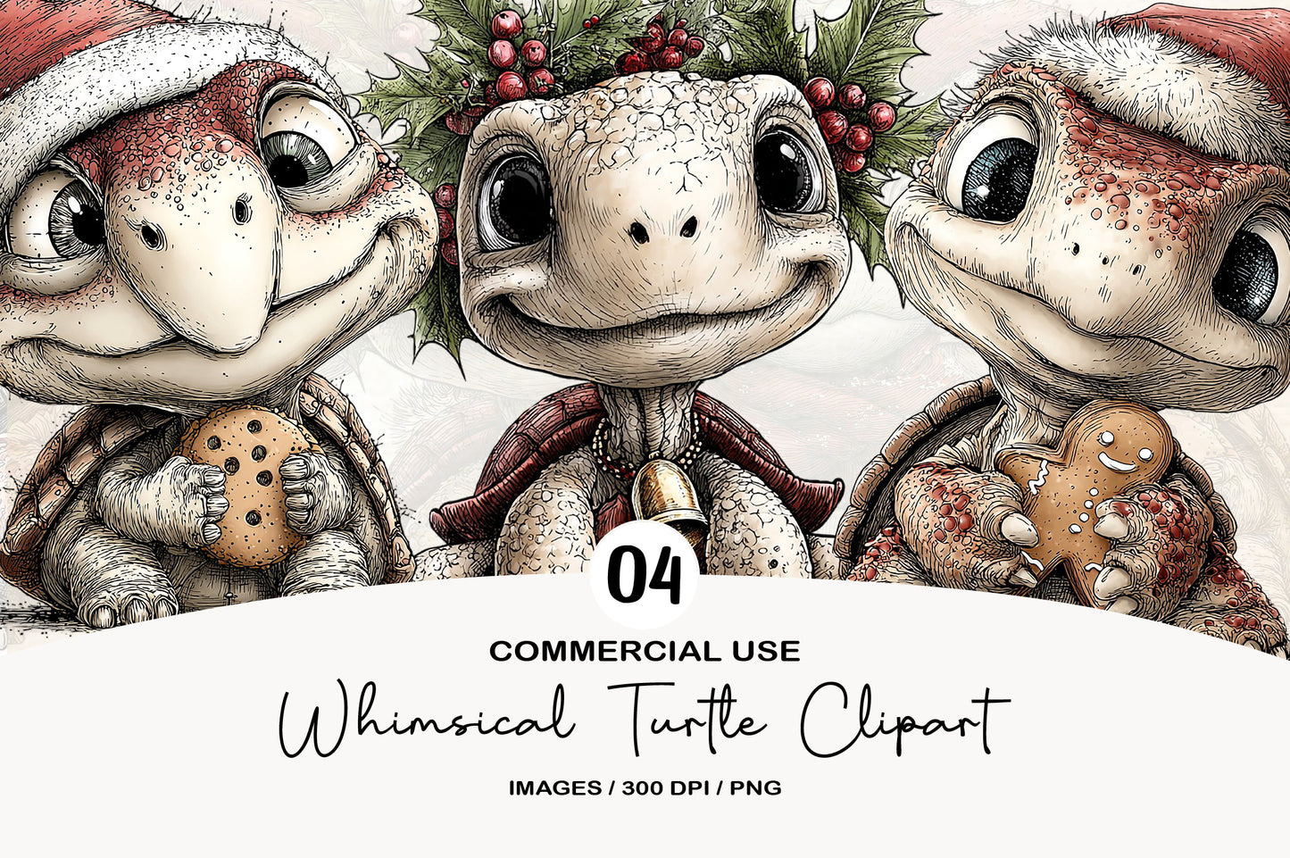 Whimsical Christmas Turtle Clipart PNG Bundle | Cute Watercolor Holiday Turtle Clipart