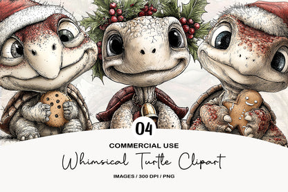 Whimsical Christmas Turtle Clipart PNG Bundle | Cute Watercolor Holiday Turtle Clipart