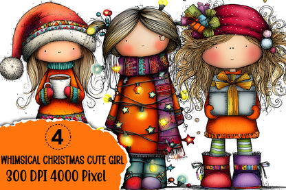 Whimsical Christmas Cute Girl Clipart PNG Festive Winter Girl Designs