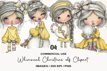 Whimsical Christmas Elf Clipart PNG Bundle | Cute Watercolor Holiday Elf Clipart | Festive North Pole Elf PNG