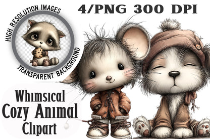Whimsical Cozy Animal Clipart PNG Bundle | Cute Watercolor Cozy Woodland Animals