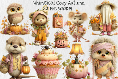 Whimsical Cozy Autumn Clipart PNG Cute Fall Animals Ghost Pumpkin Sublimation Bundle