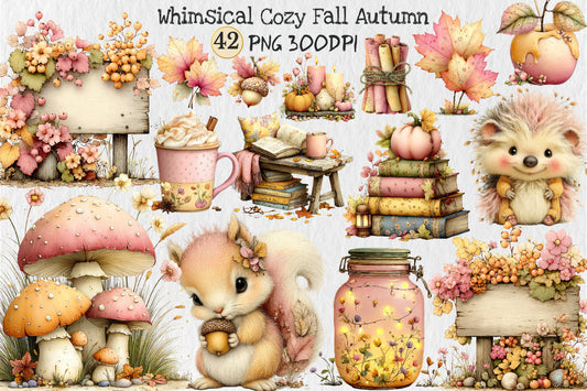 Whimsical Cozy Autumn Clipart PNG Bundle Fall Cottagecore Animals Mushrooms Pumpkin