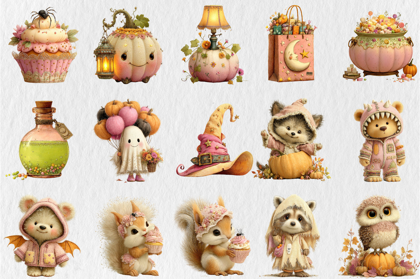 Whimsical Cozy Autumn Clipart PNG Cute Fall Animals Ghost Pumpkin Sublimation Bundle