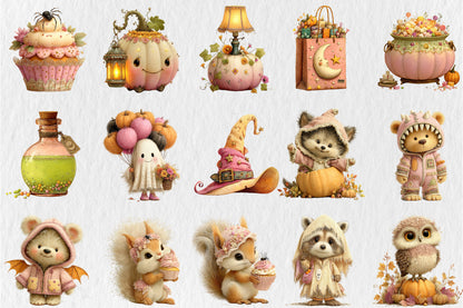 Whimsical Cozy Autumn Clipart PNG Cute Fall Animals Ghost Pumpkin Sublimation Bundle