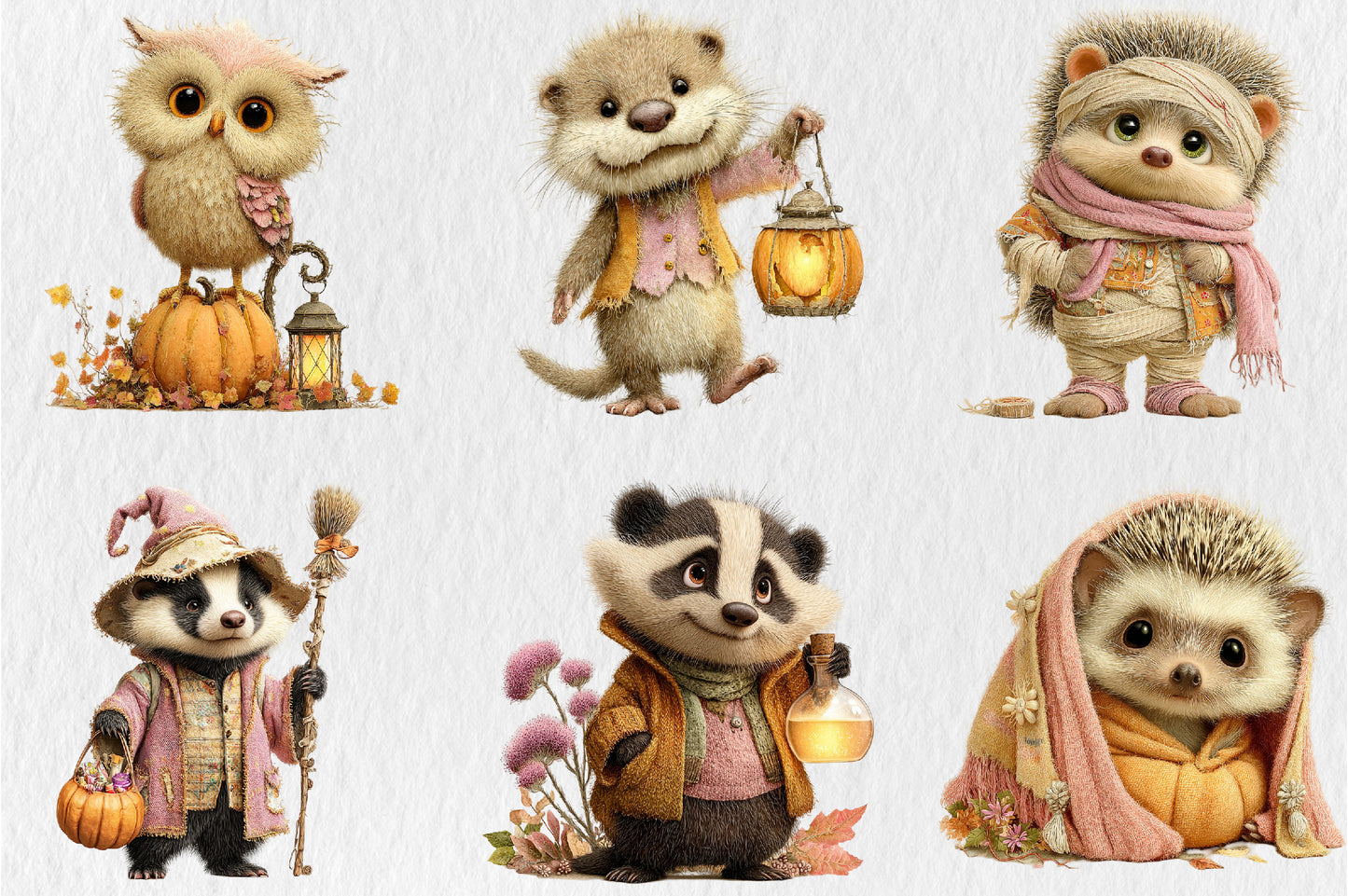 Whimsical Cozy Autumn Clipart PNG Cute Fall Animals Ghost Pumpkin Sublimation Bundle