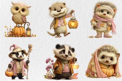 Whimsical Cozy Autumn Clipart PNG Cute Fall Animals Ghost Pumpkin Sublimation Bundle