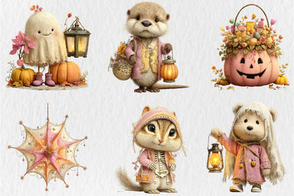 Whimsical Cozy Autumn Clipart PNG Cute Fall Animals Ghost Pumpkin Sublimation Bundle