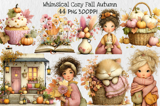 Whimsical Cozy Fall Autumn Clipart PNG Bundle Cottagecore Pumpkin Girl Cat