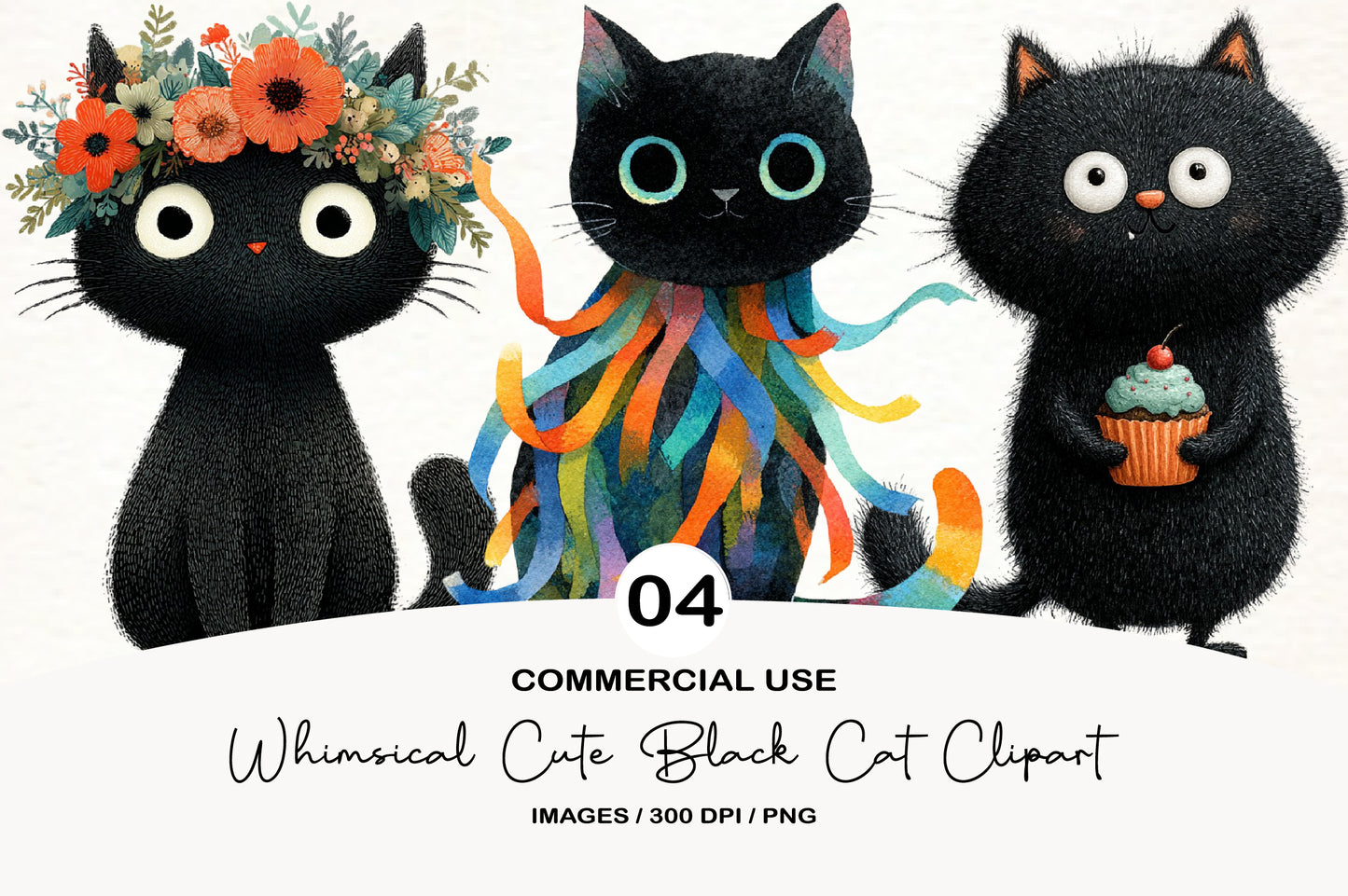 Whimsical Cute Black Cat Clipart PNG Bundle | Adorable Watercolor Black Kitty Clipart