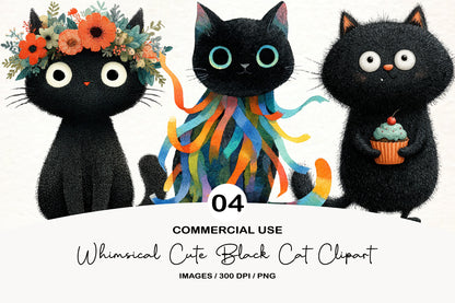 Whimsical Cute Black Cat Clipart PNG Bundle | Adorable Watercolor Black Kitty Clipart