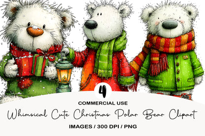Whimsical Cute Christmas Polar Bear Clipart PNG