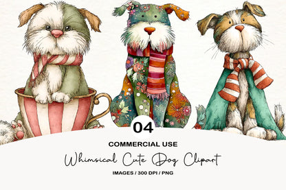 Whimsical Cute Dog Clipart PNG Bundle | Adorable Watercolor Puppy Clipart | Kawaii Dog PNG