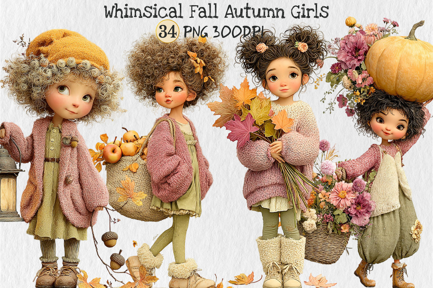 Whimsical Fall Autumn Girls PNG Cute Curly Hair Pumpkin Floral Clipart