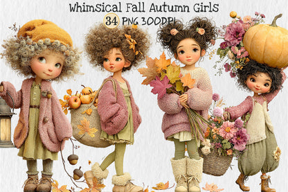 Whimsical Fall Autumn Girls PNG Cute Curly Hair Pumpkin Floral Clipart