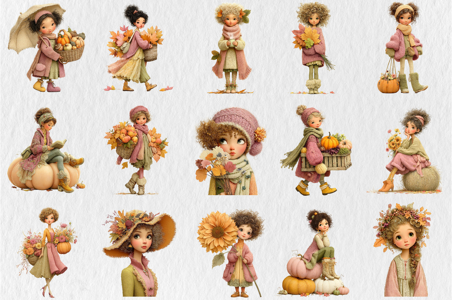 Whimsical Fall Autumn Girls PNG Cute Curly Hair Pumpkin Floral Clipart