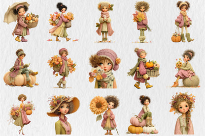 Whimsical Fall Autumn Girls PNG Cute Curly Hair Pumpkin Floral Clipart