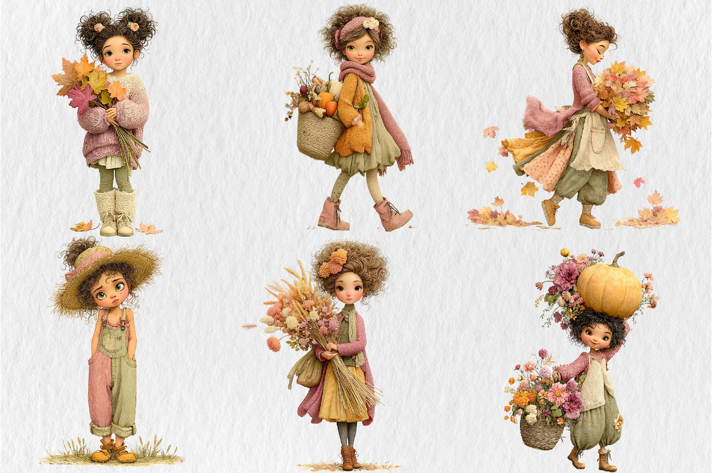 Whimsical Fall Autumn Girls PNG Cute Curly Hair Pumpkin Floral Clipart
