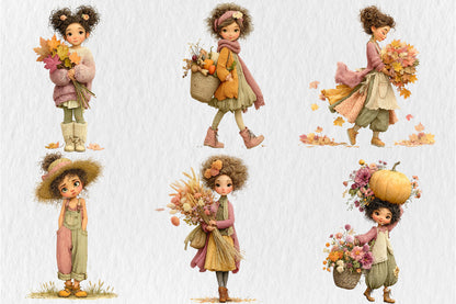 Whimsical Fall Autumn Girls PNG Cute Curly Hair Pumpkin Floral Clipart