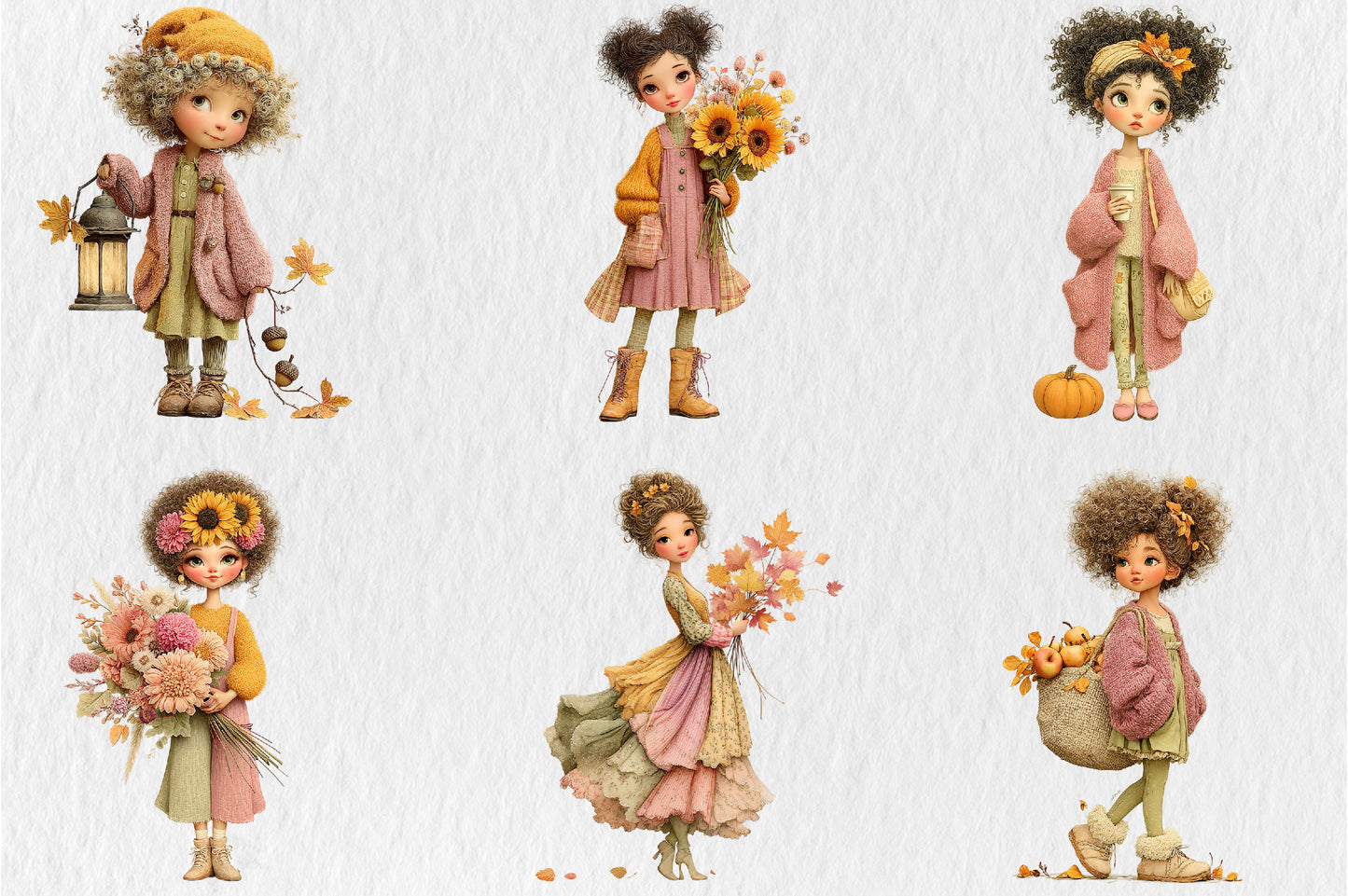 Whimsical Fall Autumn Girls PNG Cute Curly Hair Pumpkin Floral Clipart