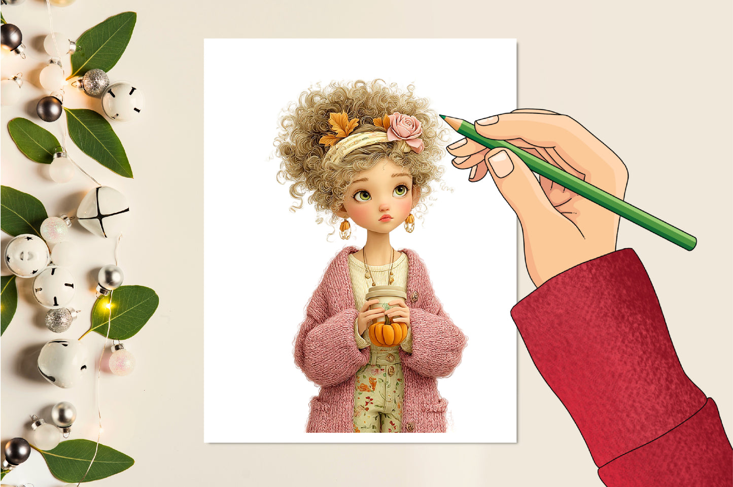 Whimsical Fall Autumn Girls PNG Cute Curly Hair Pumpkin Floral Clipart