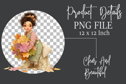 Whimsical Fall Autumn Girls PNG Cute Curly Hair Pumpkin Floral Clipart