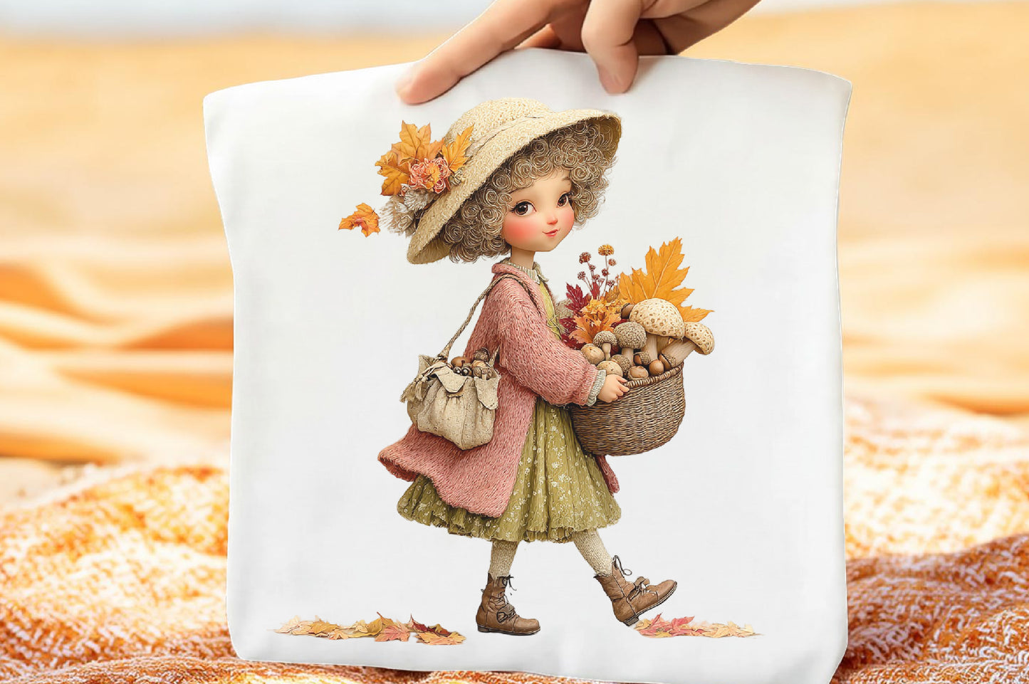 Whimsical Fall Autumn Girls PNG Cute Curly Hair Pumpkin Floral Clipart