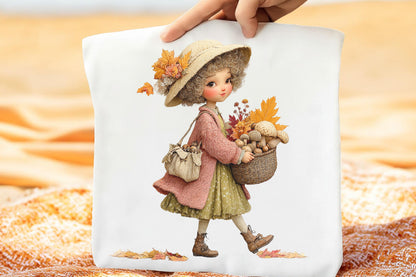 Whimsical Fall Autumn Girls PNG Cute Curly Hair Pumpkin Floral Clipart