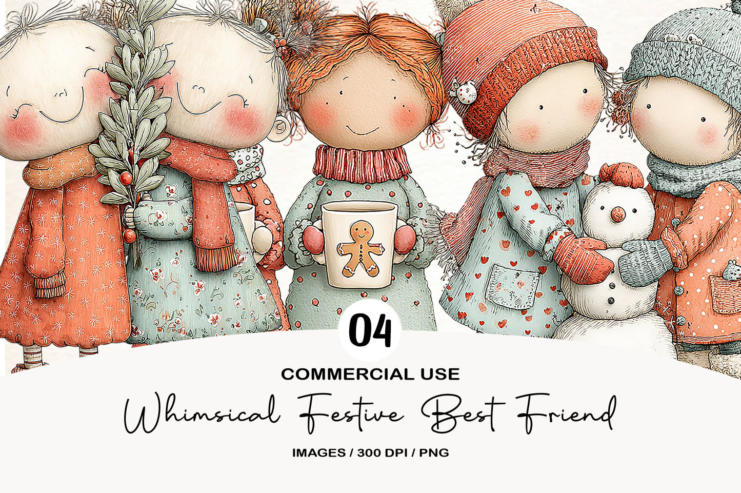 Whimsical Festive Best Friend Clipart PNG Bundle | Cute Watercolor Best Friends Christmas Clipart