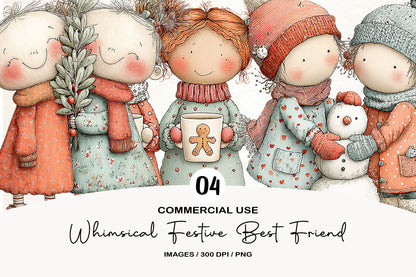 Whimsical Festive Best Friend Clipart PNG Bundle | Cute Watercolor Best Friends Christmas Clipart