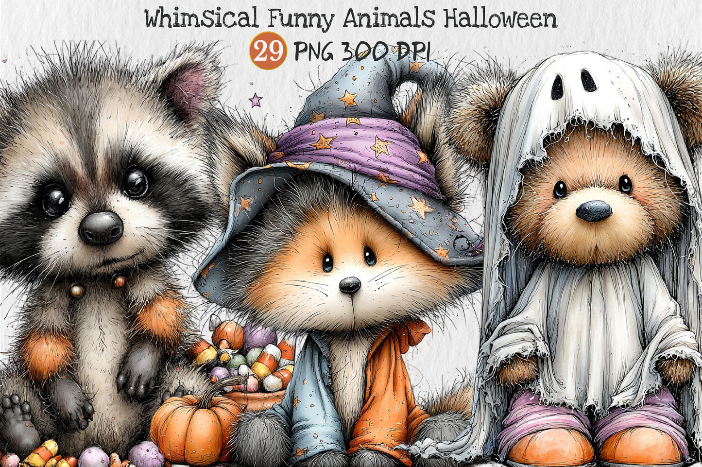 Whimsical Funny Animals Halloween Clipart PNG Bundle