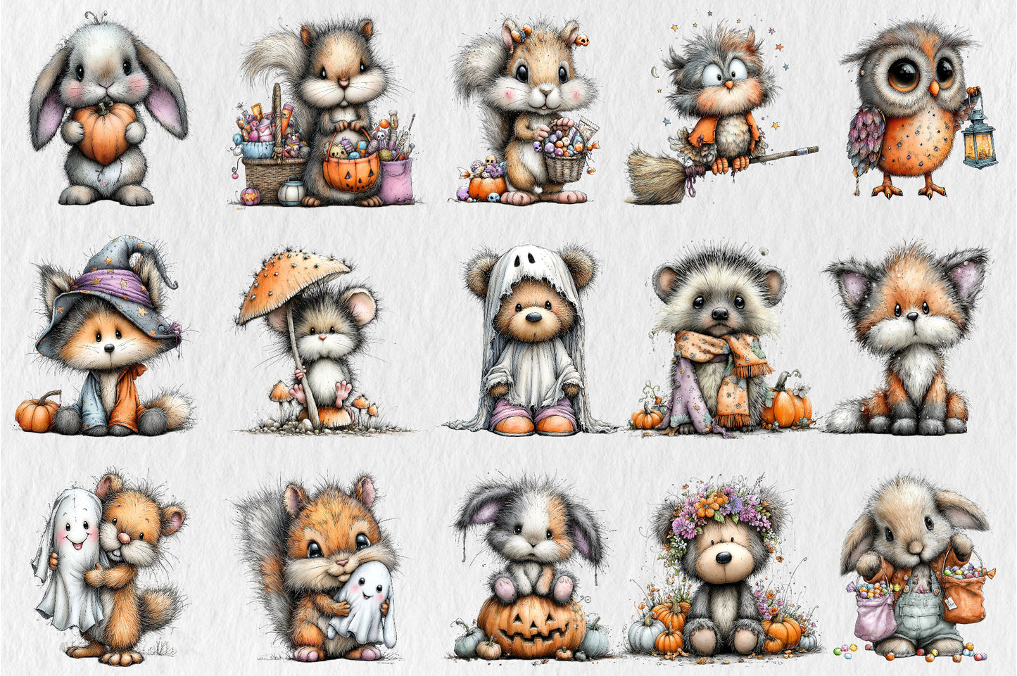 Whimsical Funny Animals Halloween Clipart PNG Bundle