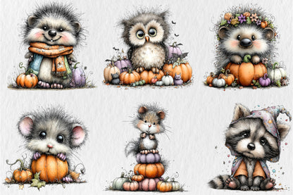 Whimsical Funny Animals Halloween Clipart PNG Bundle