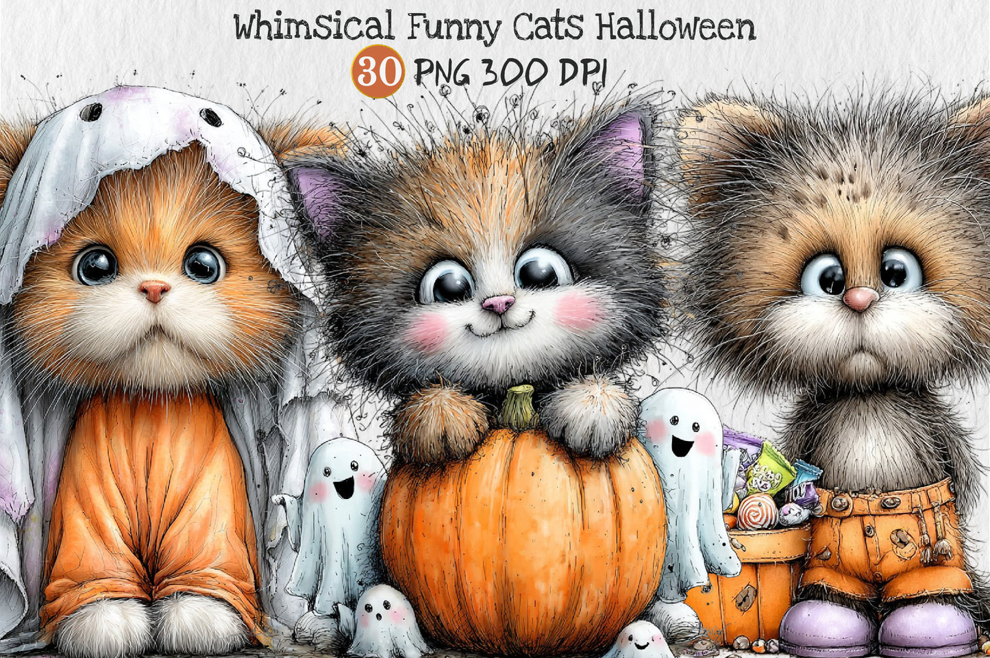 Whimsical Funny Cats Halloween Clipart PNG Bundle