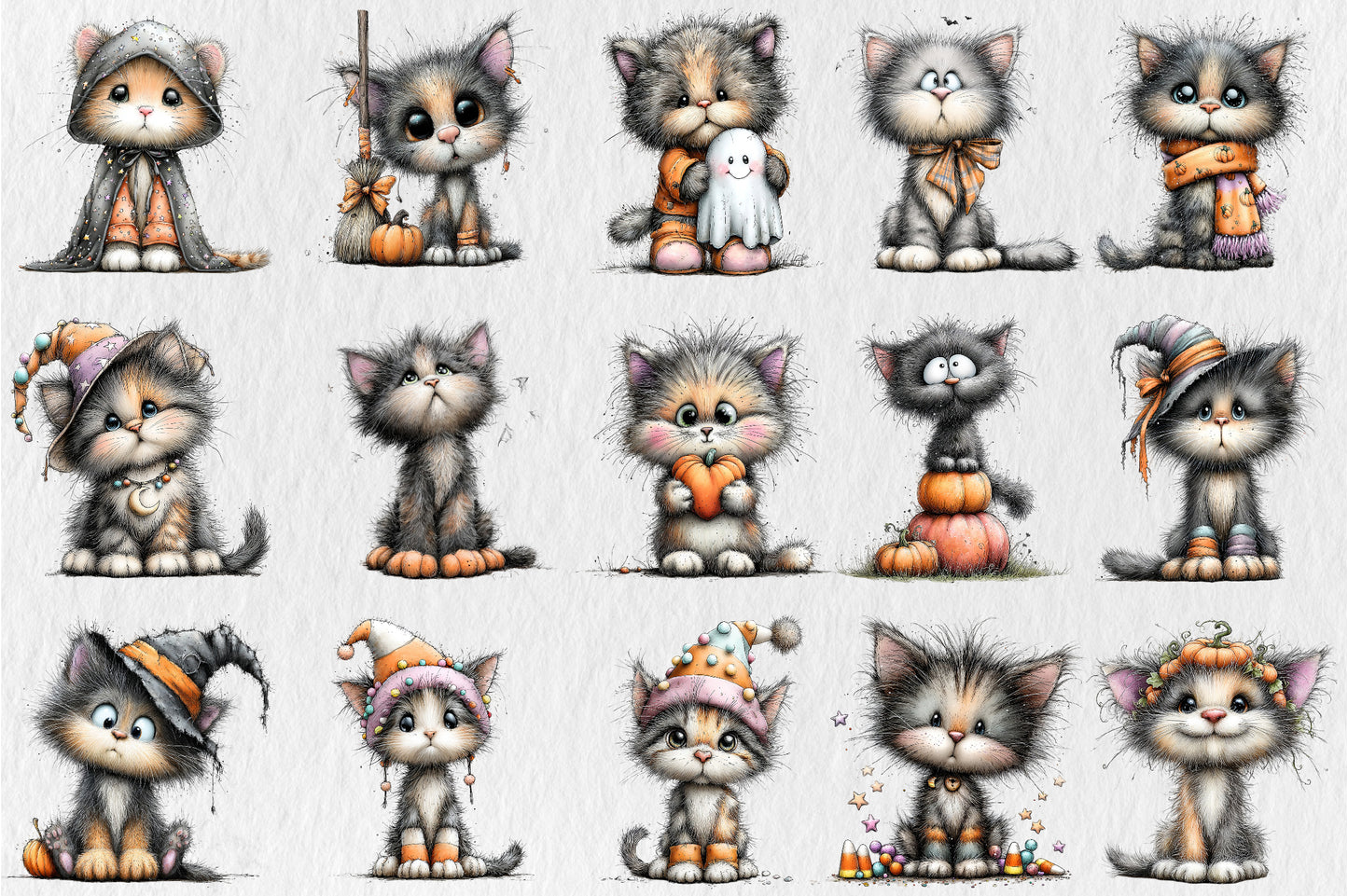 Whimsical Funny Cats Halloween Clipart PNG Bundle