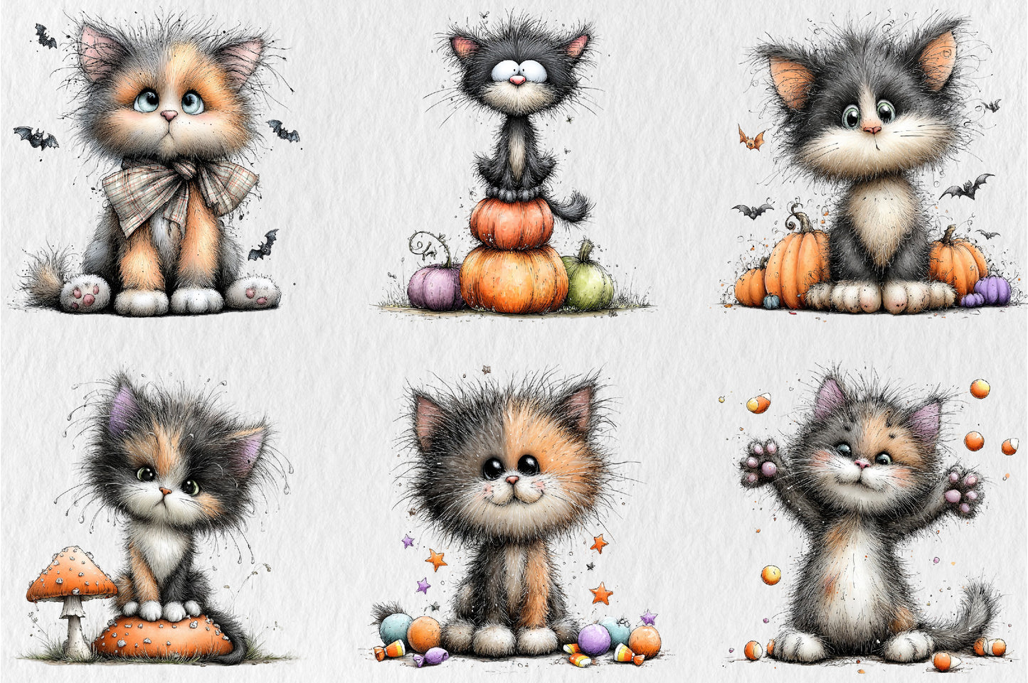 Whimsical Funny Cats Halloween Clipart PNG Bundle