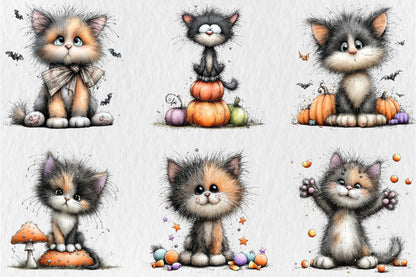 Whimsical Funny Cats Halloween Clipart PNG Bundle