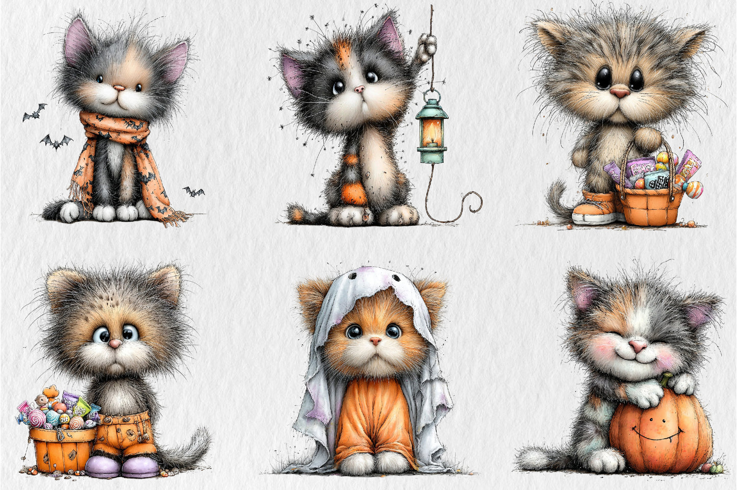Whimsical Funny Cats Halloween Clipart PNG Bundle