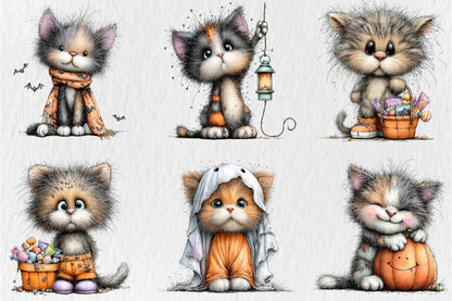 Whimsical Funny Cats Halloween Clipart PNG Bundle