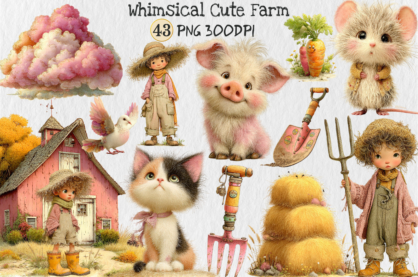 Whimsical Cute Farm PNG Funny Pig Mouse Cat Farmer Clipart Bundle