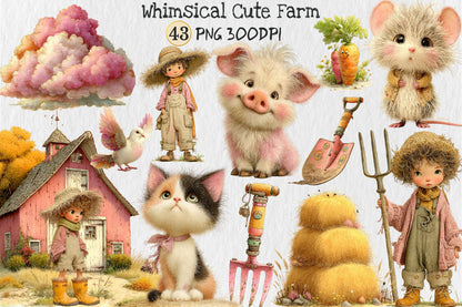 Whimsical Cute Farm PNG Funny Pig Mouse Cat Farmer Clipart Bundle