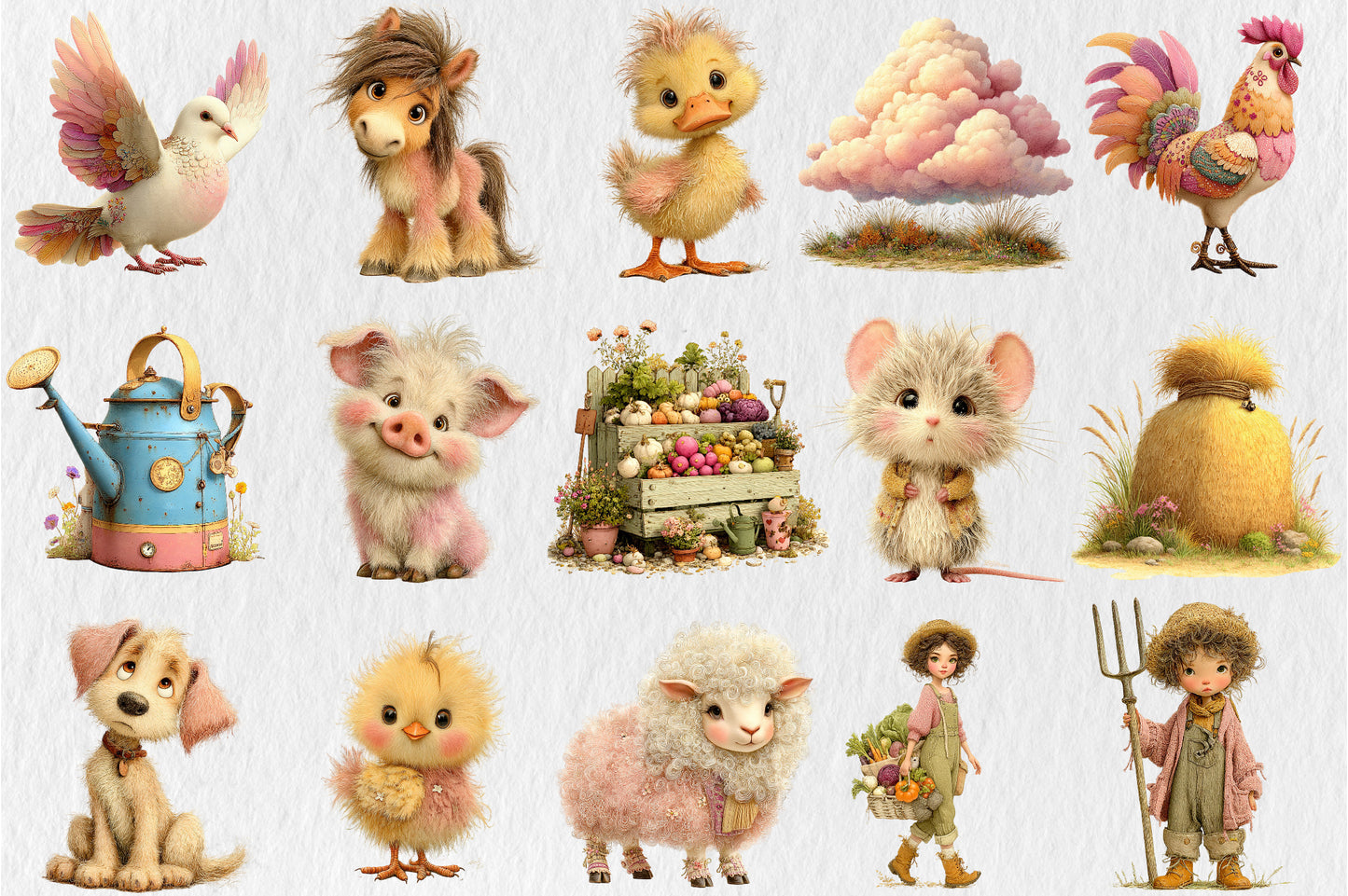Whimsical Cute Farm PNG Funny Pig Mouse Cat Farmer Clipart Bundle