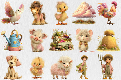 Whimsical Cute Farm PNG Funny Pig Mouse Cat Farmer Clipart Bundle