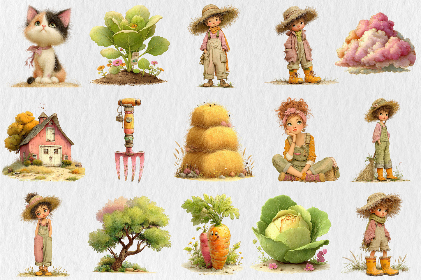 Whimsical Cute Farm PNG Funny Pig Mouse Cat Farmer Clipart Bundle