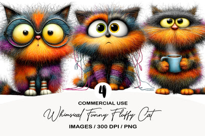 Whimsical Funny Fluffy Cat Clipart PNG Bundle | Cute Watercolor Fluffy Kitty Clipart | Adorable Cat PNG