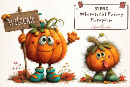 Whimsical Funny Pumpkin PNG  Cute Autumn Halloween Pumpkin Clipart