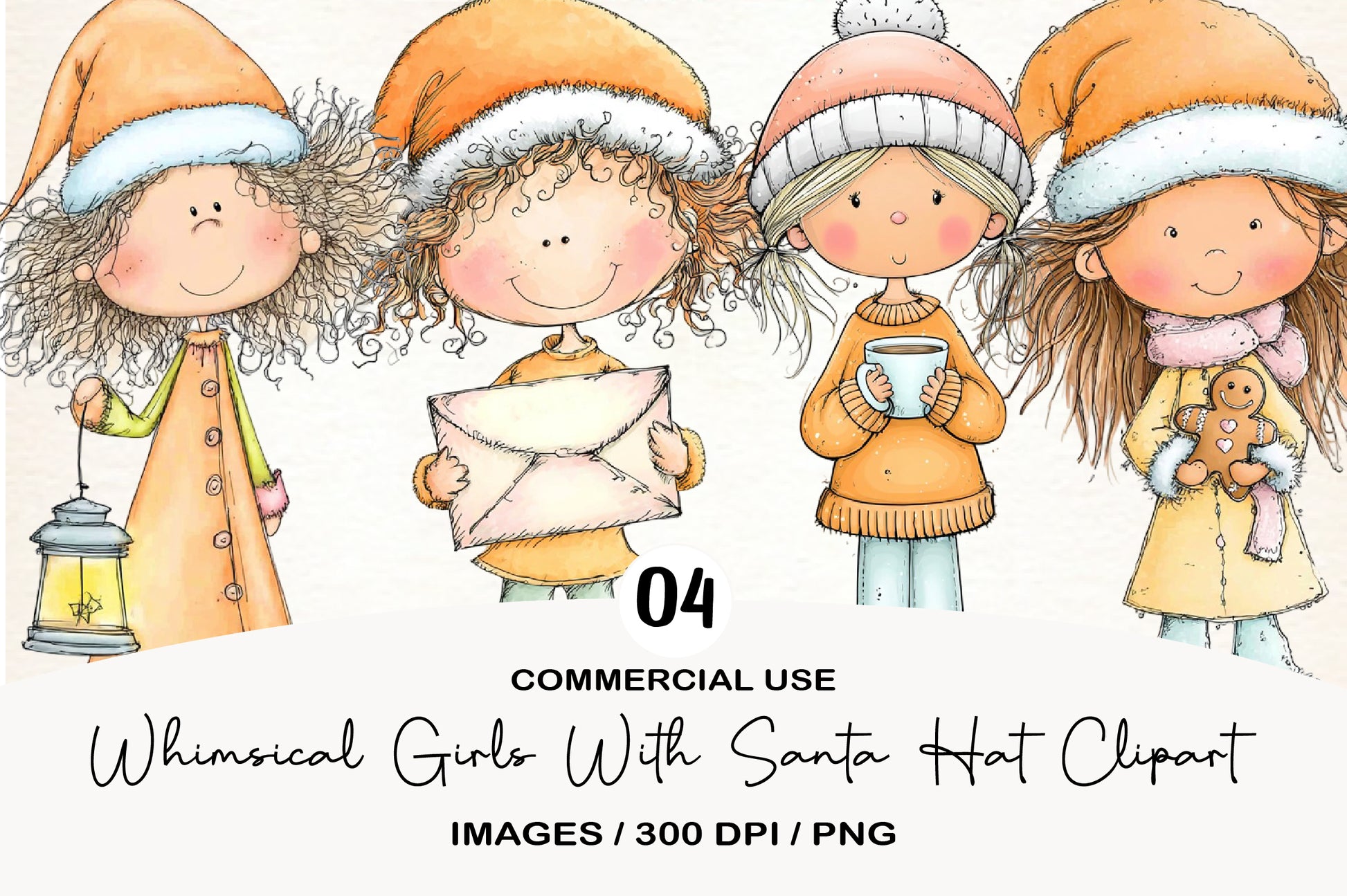 Whimsical Christmas Girls PNG | Santa Hat Girl Clipart | 4 PNG
