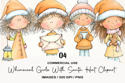 Whimsical Christmas Girls PNG | Santa Hat Girl Clipart | 4 PNG